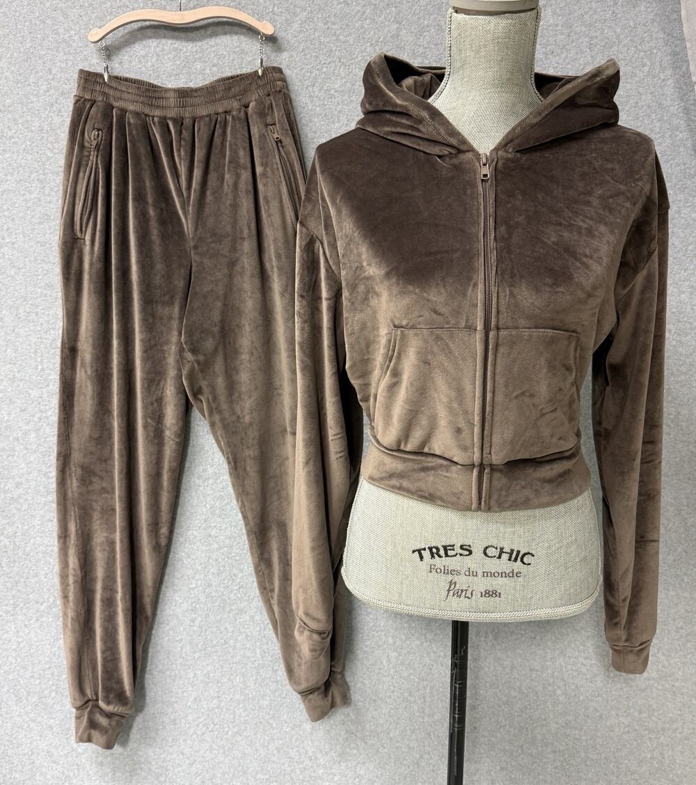 SKIMS Velour Zip Hoodie & Jogger Lounge Set Cocoa Brown Women’s Small Cozy Chic